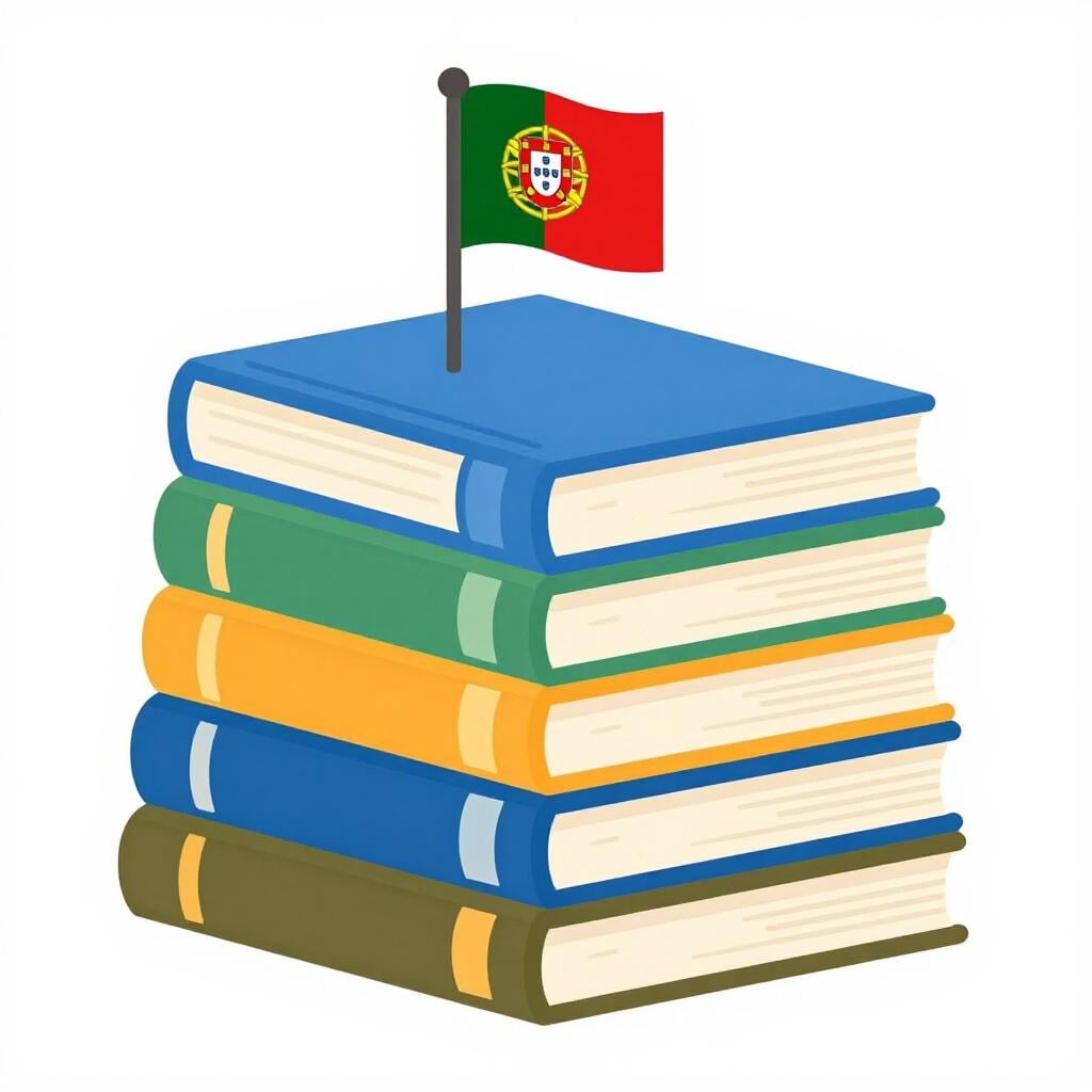 Una pila di libri colorati con una piccola bandiera del Portogallo appoggiata contro di essi.