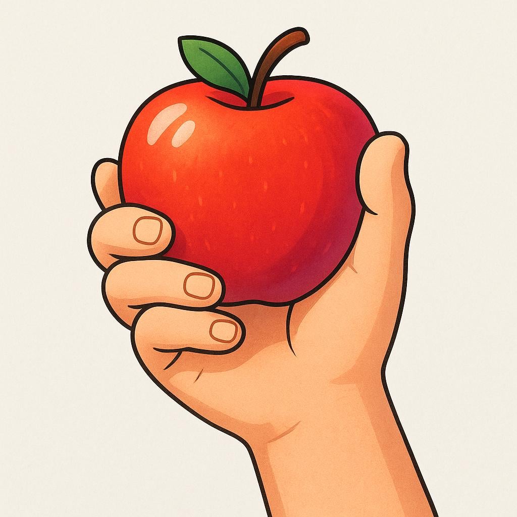 A person's hand tightly holding a bright red apple, symbolizing ownership.