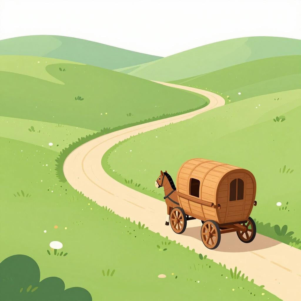 Een kleurrijke woonwagen die over een kronkelig zandpad door groene heuvels rijdt.