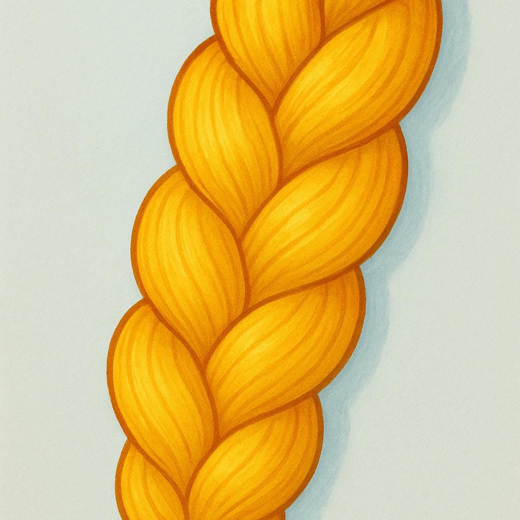 A close-up illustration of a thick, wavy braid of bright golden yellow hair.