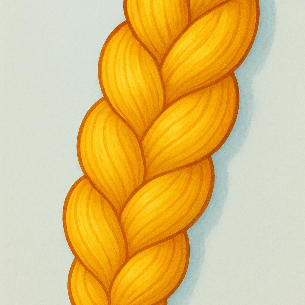 A close-up illustration of a thick, wavy braid of bright golden yellow hair.