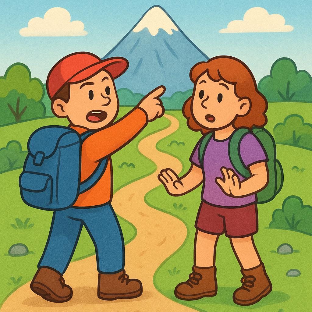 Two hikers standing on a winding mountain trail. One hiker is actively pointing backward down the path they just traveled, signaling to their companion that they should turn around and go back.