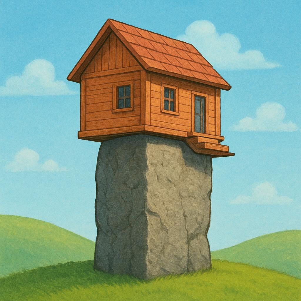 A simple storybook illustration showing a sturdy stone pillar providing the sole support for the corner of a small wooden house, representing reliance or being based on something.