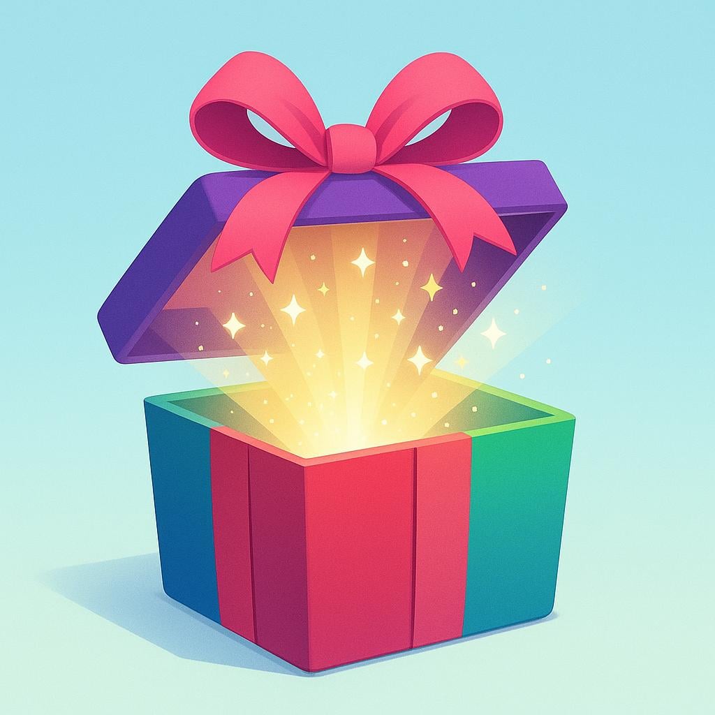 A vibrant illustration showing an opened, empty gift box with bright, sparkling light bursting out of the top, symbolizing an unexpected reveal.