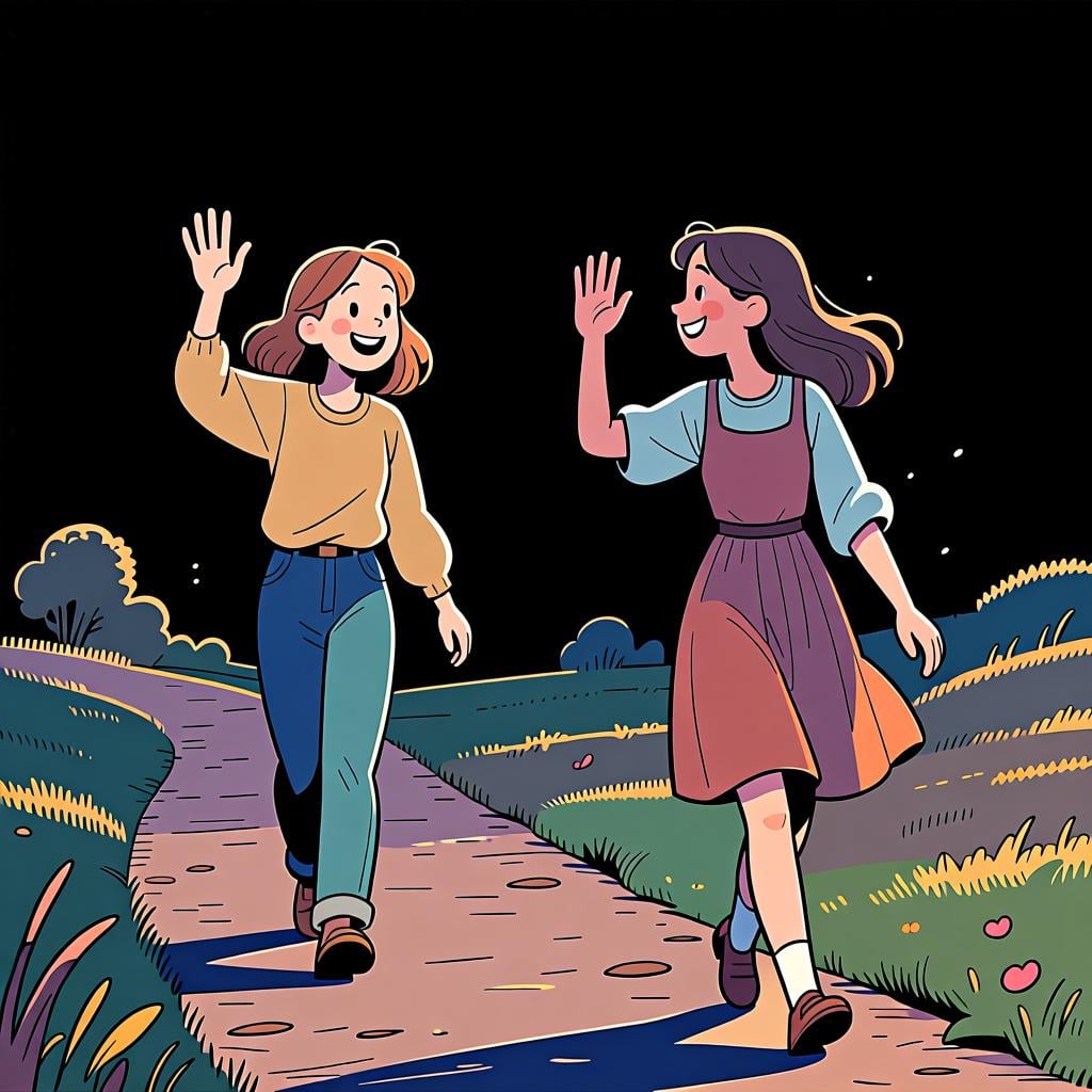 Two friendly animated characters waving goodbye to each other on a street corner, both smiling.