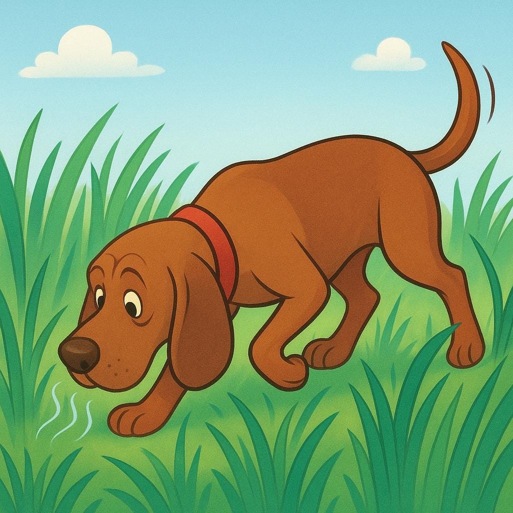 A brown hound dog sniffing the ground intently, following a trail through tall green grass.