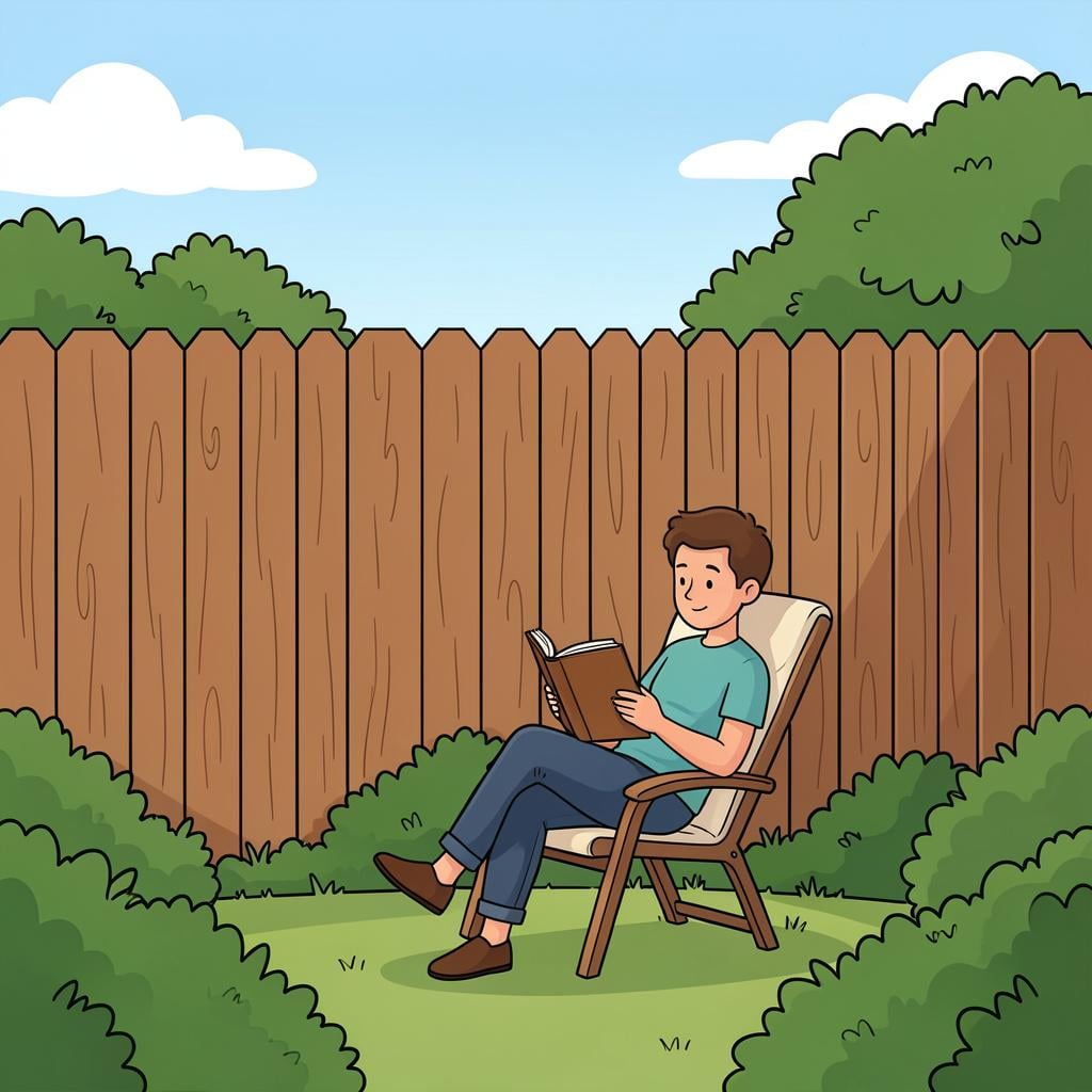 A person sitting comfortably in a cozy reading nook with a tall wooden fence and lush green bushes providing a secluded space.