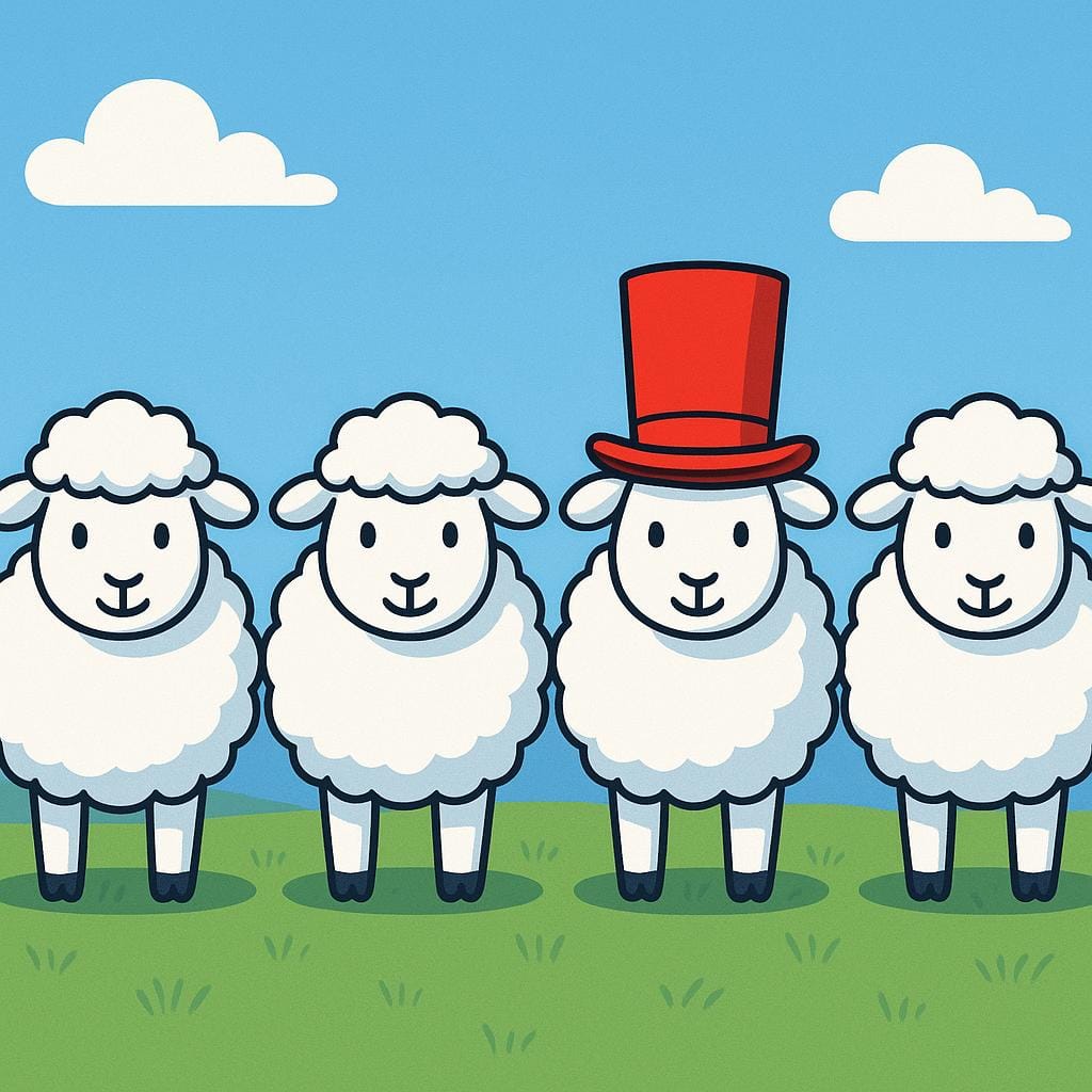 Four identical white sheep standing in a line in a green field, with one sheep uniquely wearing a bright red top hat, illustrating creativity and uniqueness.