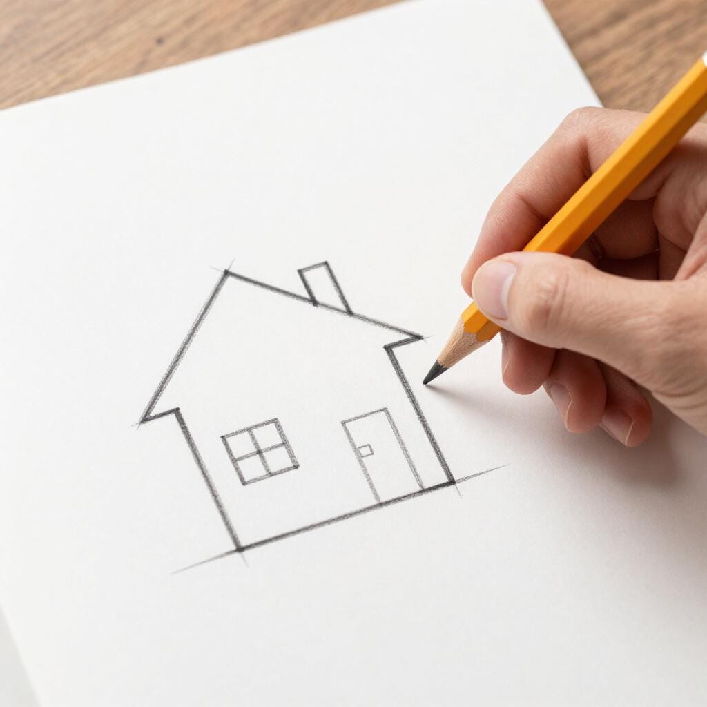 Eine Hand hält einen Bleistift und zeichnet den Umriss eines einfachen Hauses auf ein Blatt Papier.