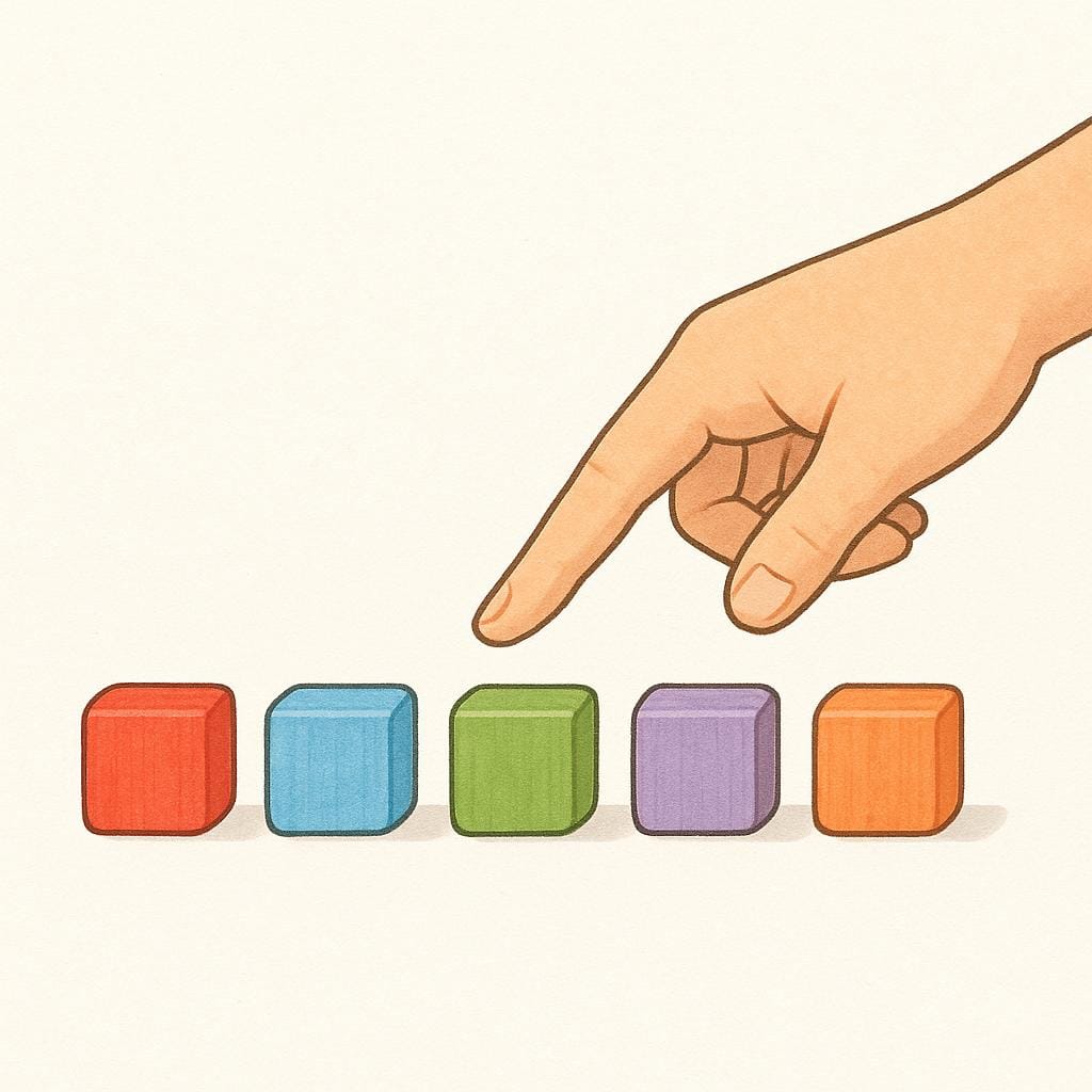 A single adult hand pointing at a small, neat row of five colorful wooden blocks, illustrating the action of counting or tallying.