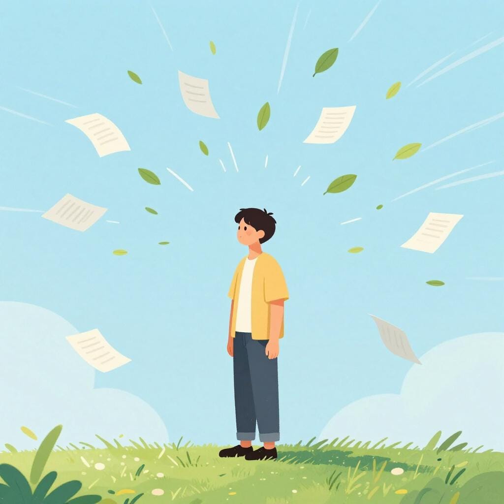 Une personne calme et souriante traversant une scène chaotique de papiers volants et de vent tourbillonnant.