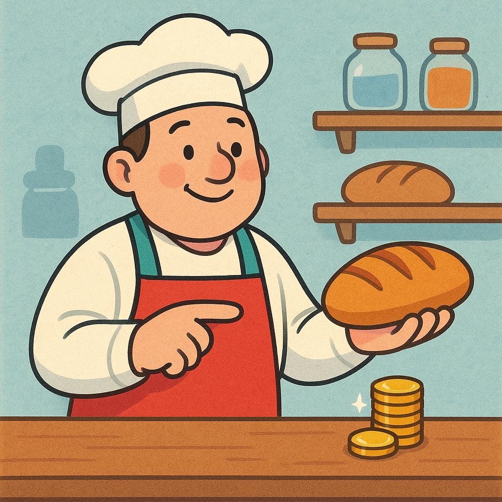 A baker handing a loaf of bread to a customer, extending their hand to receive coins in exchange, illustrating the act of charging a price.