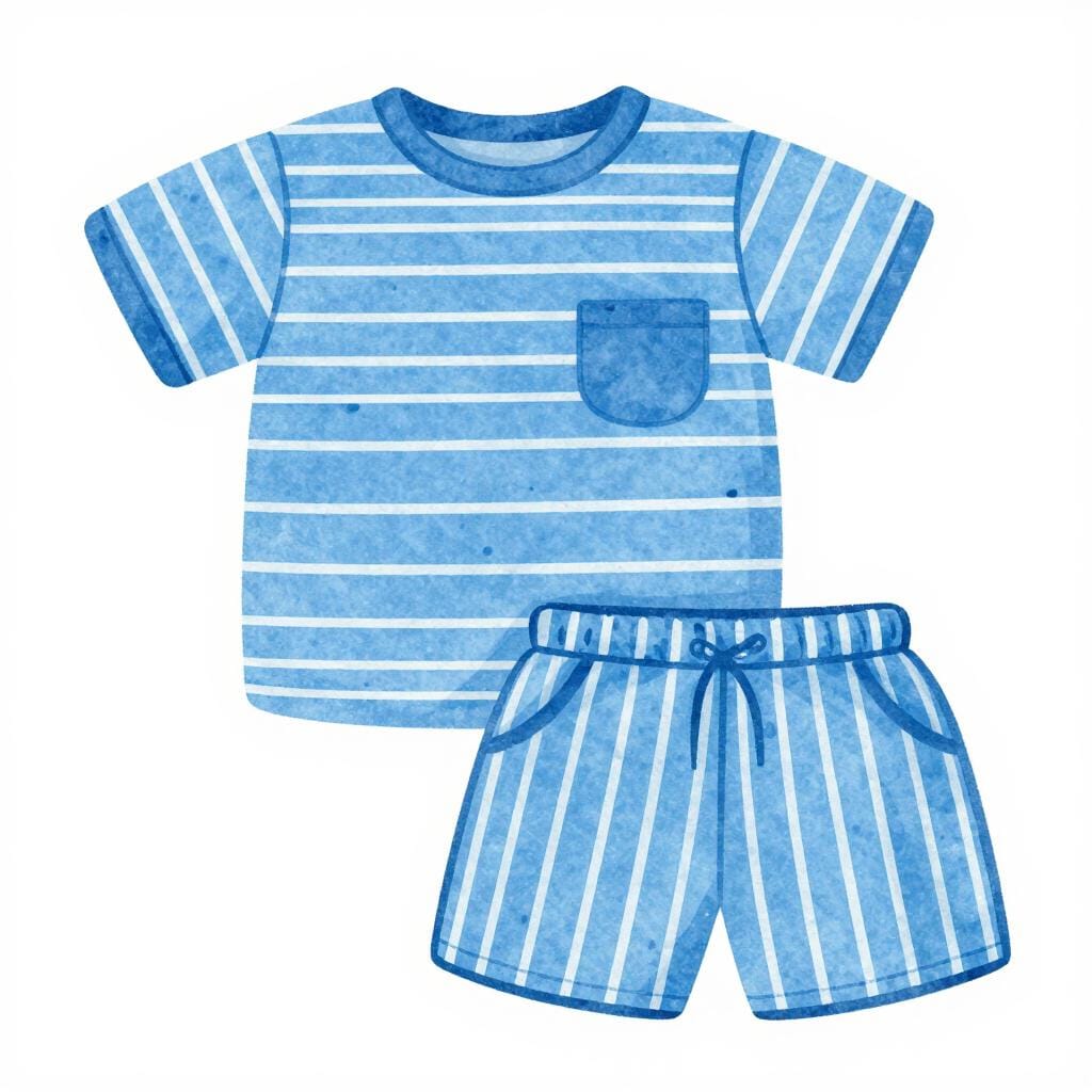 ベッドの上に置かれた、青いストライプのシャツと青いストライプのショートパンツのお揃いのセット。
