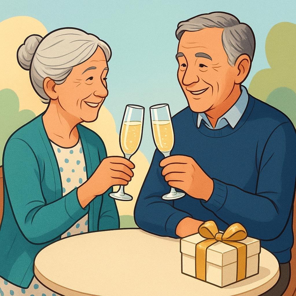 A simple illustration of an older, happy couple clinking champagne glasses next to a gift box wrapped in gold ribbon, symbolizing a golden anniversary.
