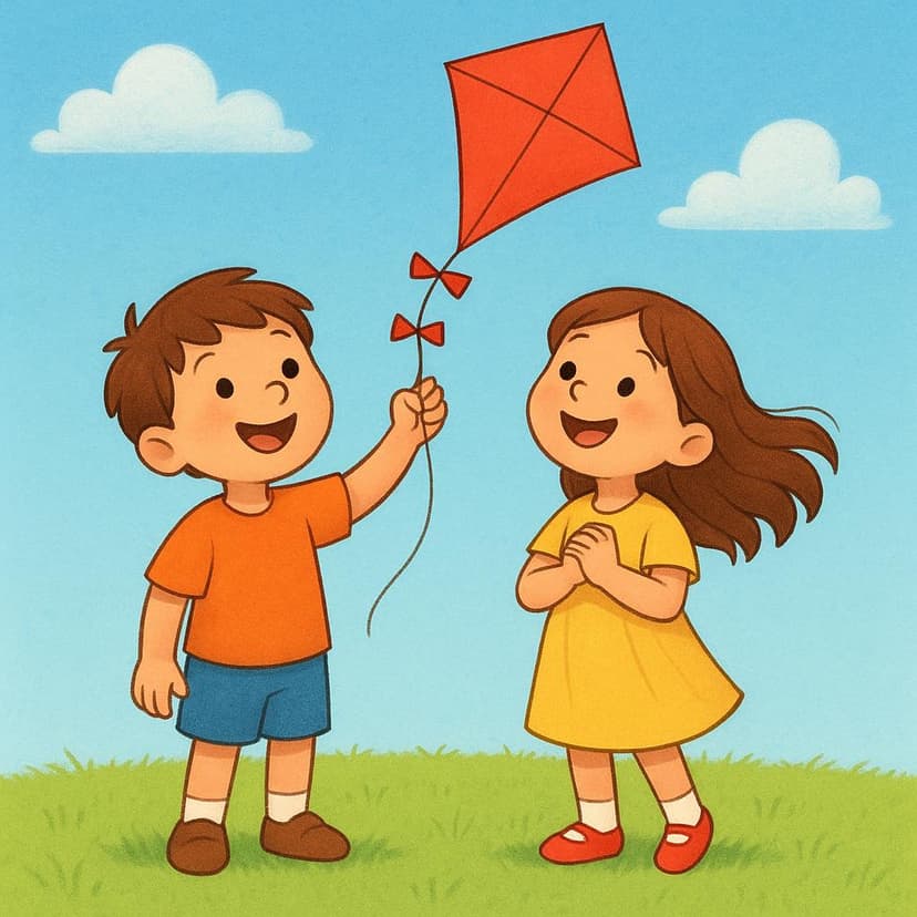 Two smiling children standing together in a sunny green field. They are both looking up longingly at a bright red kite floating high above them, representing a shared, desired object that is currently out of reach.