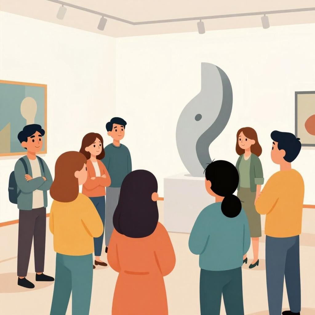 Un groupe de personnes regardant une sculpture moderne ; certains sourient et applaudissent tandis que d'autres froncent les sourcils et croisent les bras.