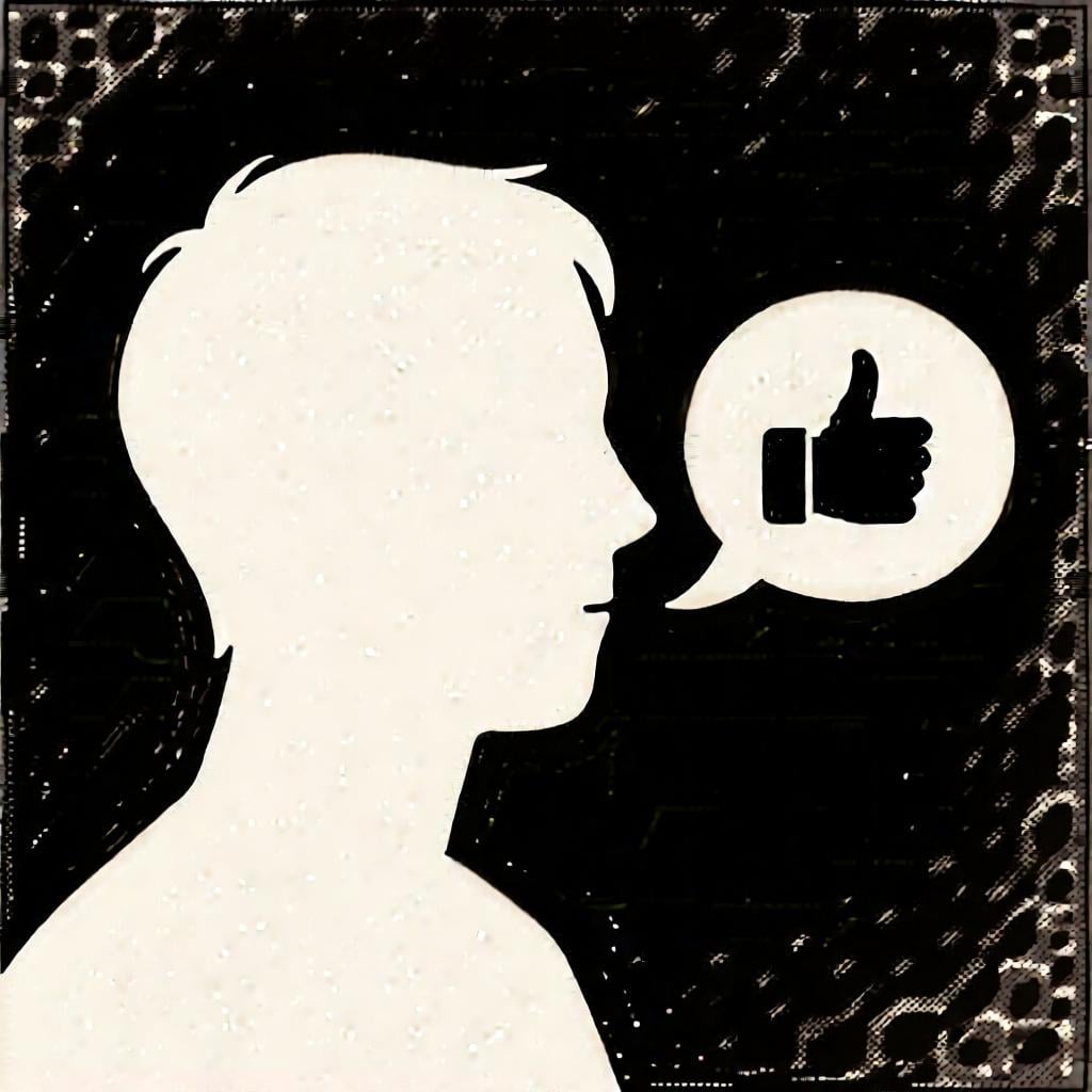 A person with a speech bubble coming from their mouth; inside the bubble is a thumbs-up icon, indicating an opinion.