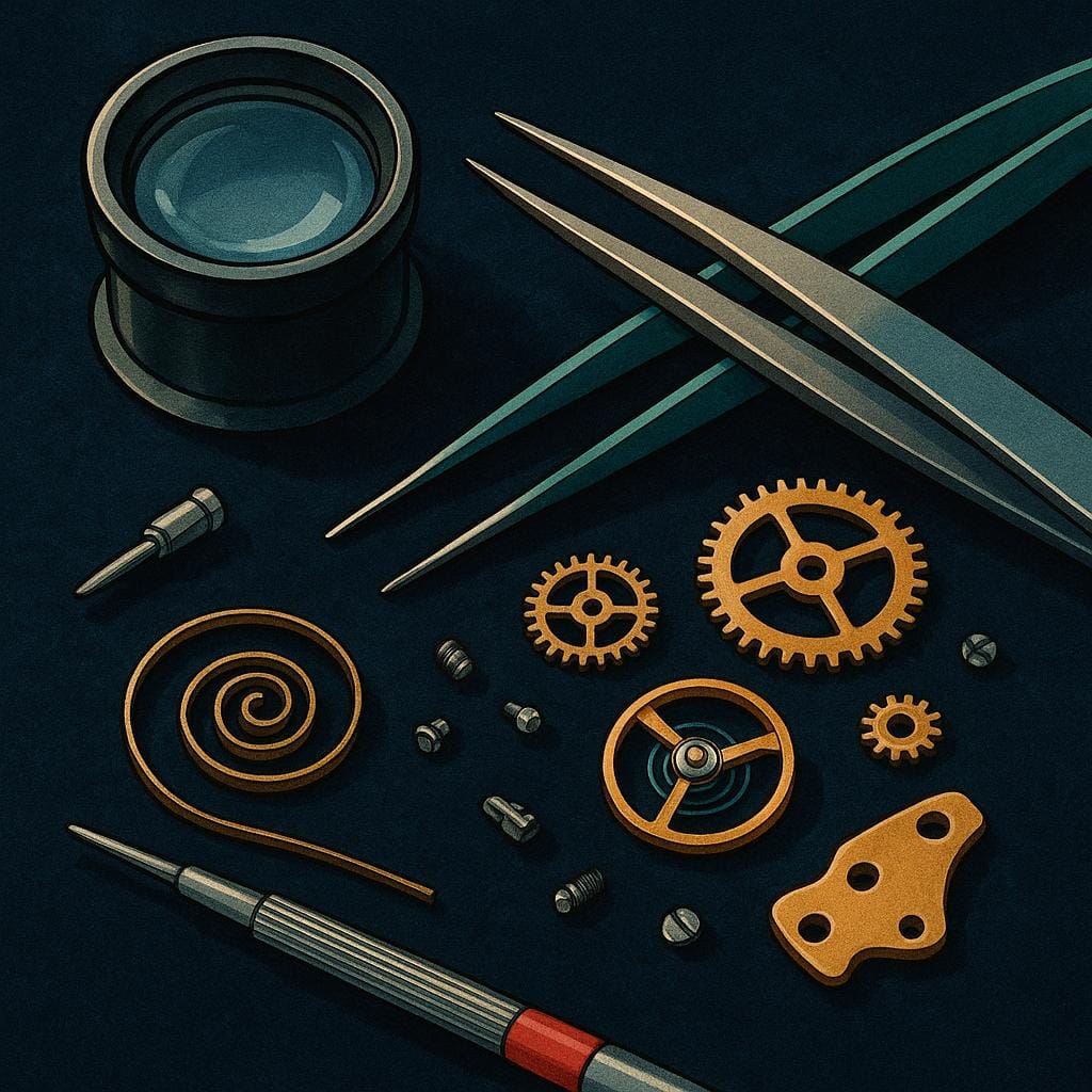 A collection of miniature, precise watchmaker tools and tiny gears resting on a cloth, illustrating objects related to a specialty.