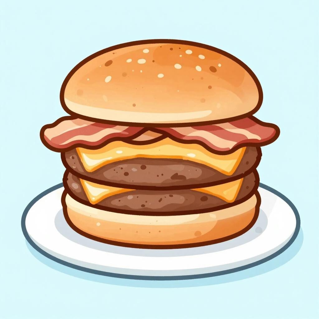 A large, greasy hamburger with many layers and dripping cheese on a plate.