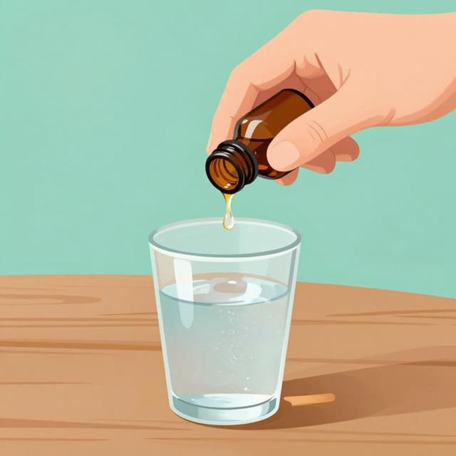 A hand holding a small dropper bottle over a glass of water.