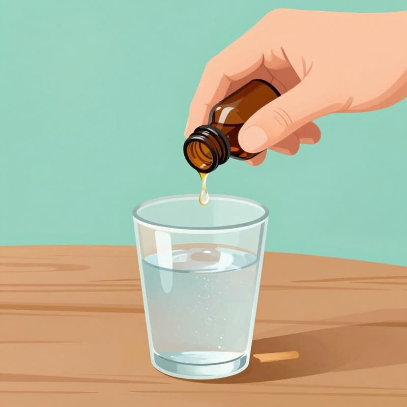 Una mano che tiene una piccola boccetta contagocce sopra un bicchiere d'acqua.