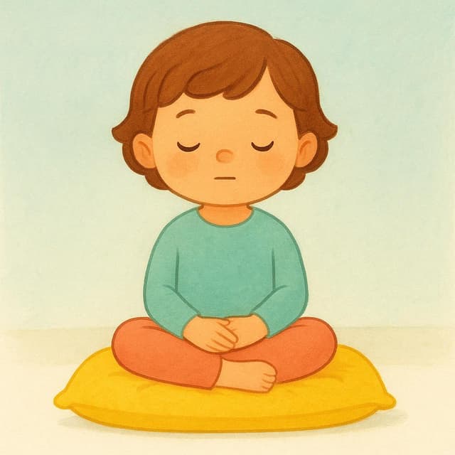 A child sitting still and quiet on a colorful cushion, demonstrating the action of being silent and refraining from speaking.