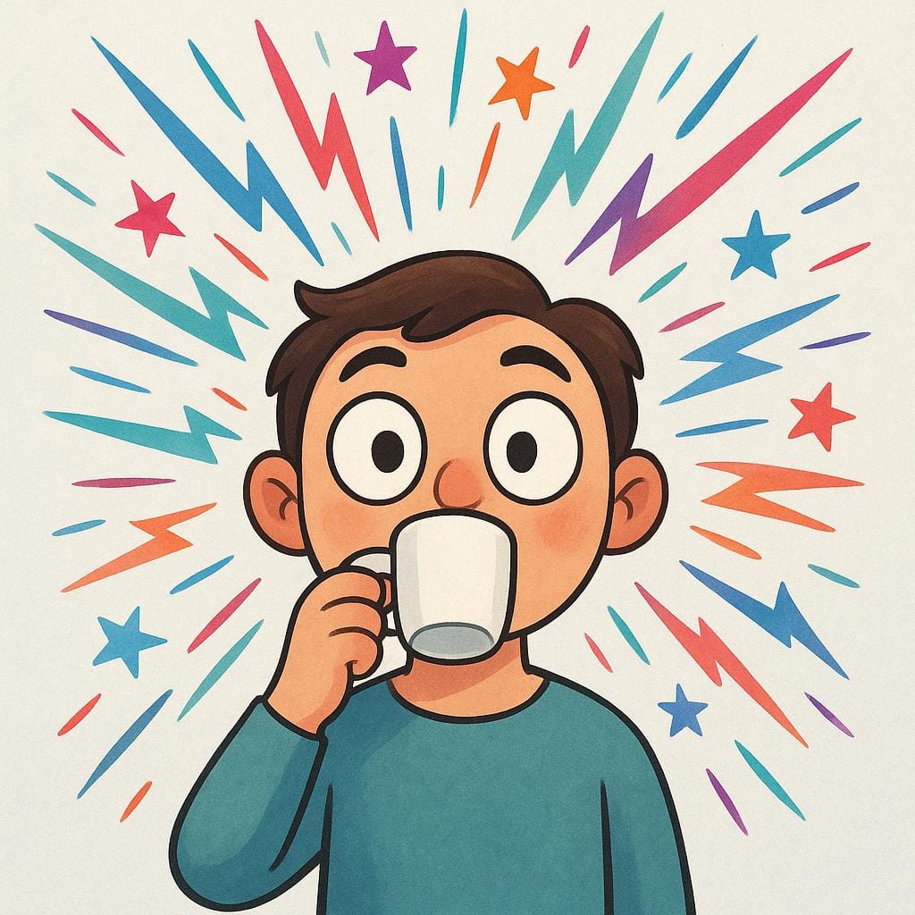 Eine hochgradig energiegeladene Person, die bunte Energie ausstrahlt, während sie aus einem einfachen Kaffeebecher trinkt, was extreme Intensität zeigt.