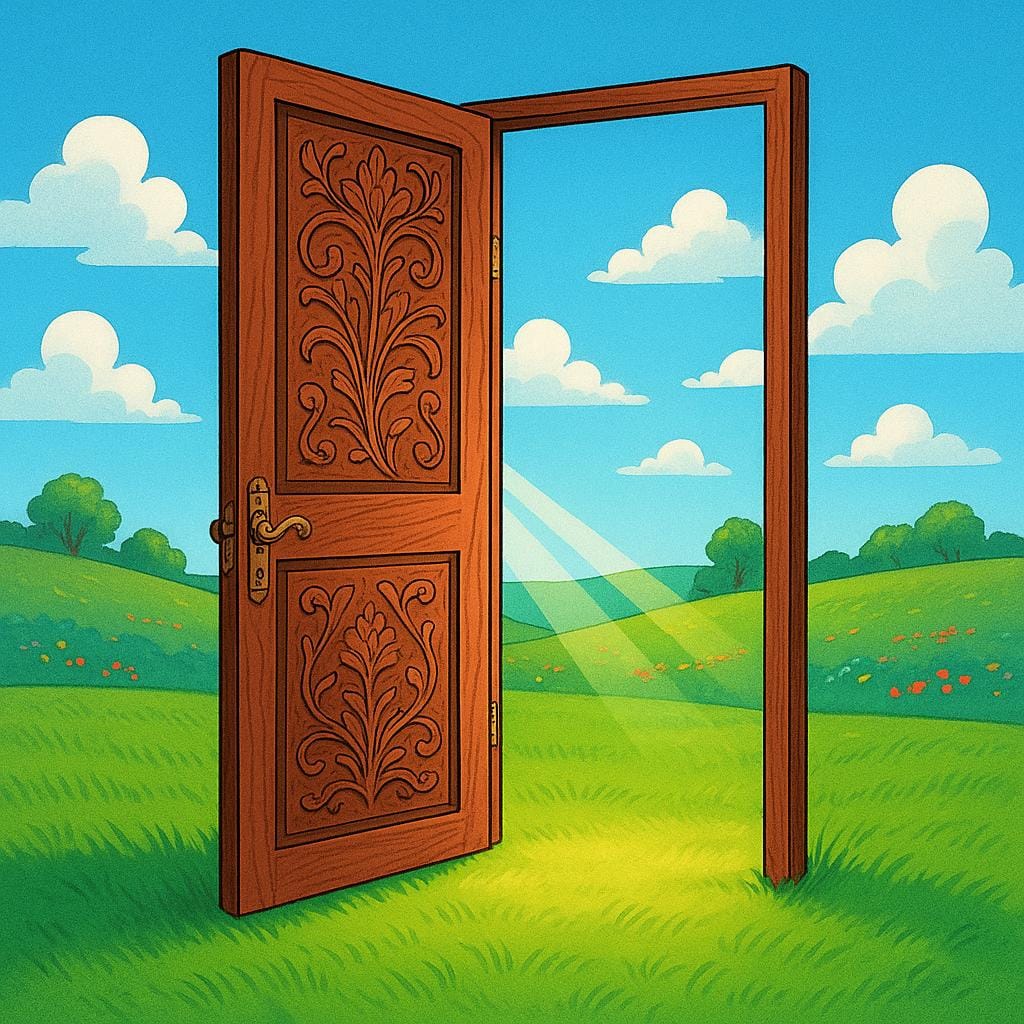 A single, large, ornate wooden door stands open in the middle of a grassy field. Bright sunlight streams through the doorway, revealing a vibrant, lush landscape on the other side, symbolizing a new possibility.