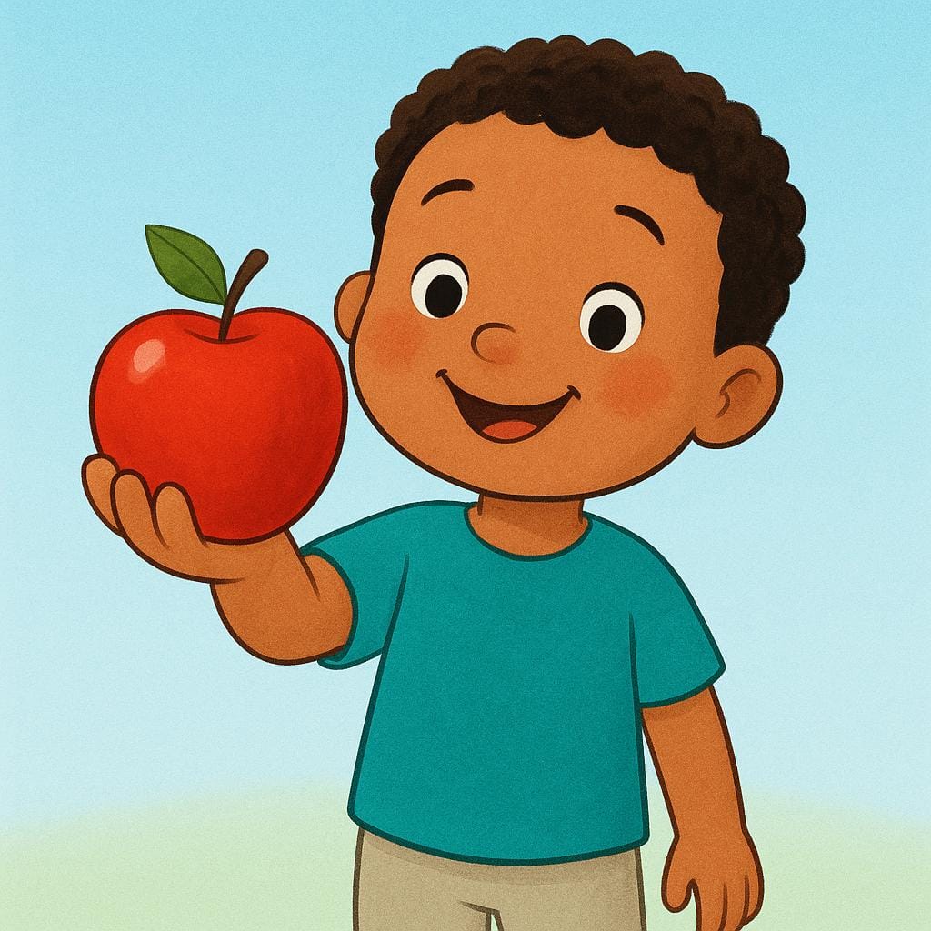 A child holding up a bright red apple with a smile, clearly presenting it to the viewer.