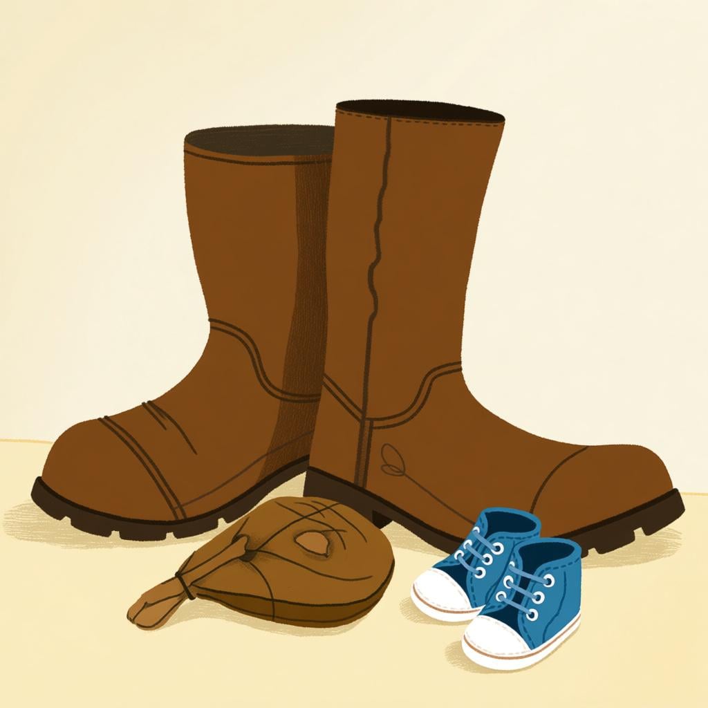 An illustration contrasting a large pair of adult boots with a tiny pair of baby shoes, symbolizing the concept of size.