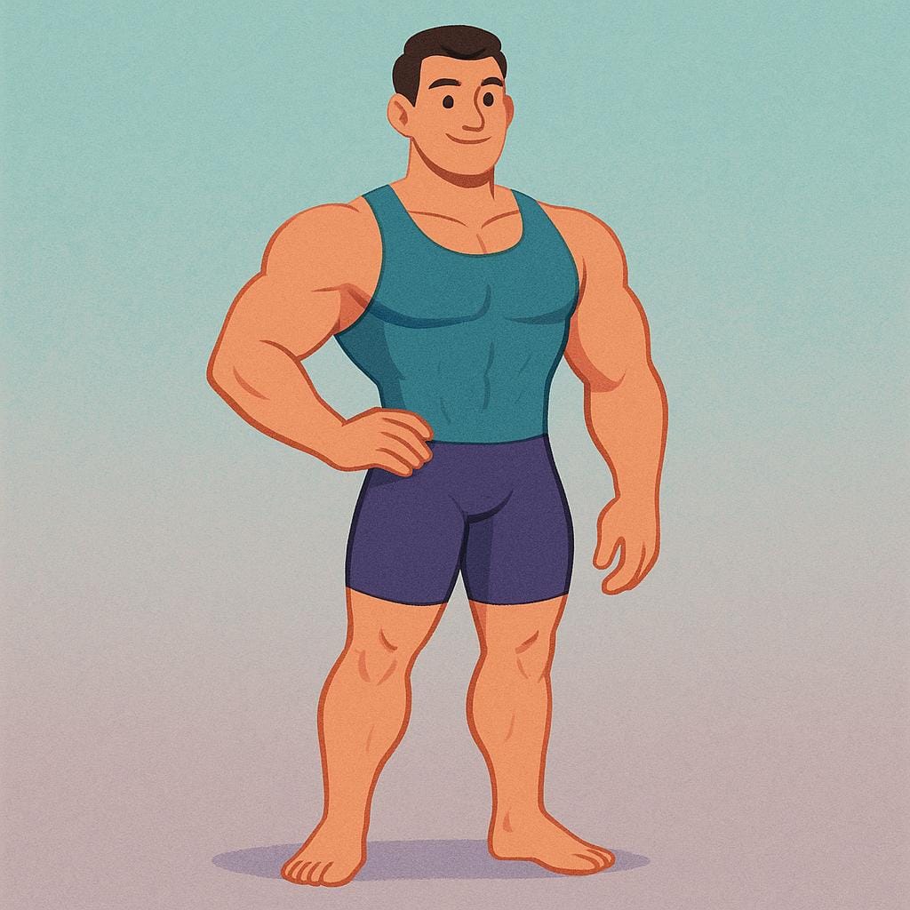 A stylized, muscular person standing with their arms slightly bent, showcasing their strong body build.