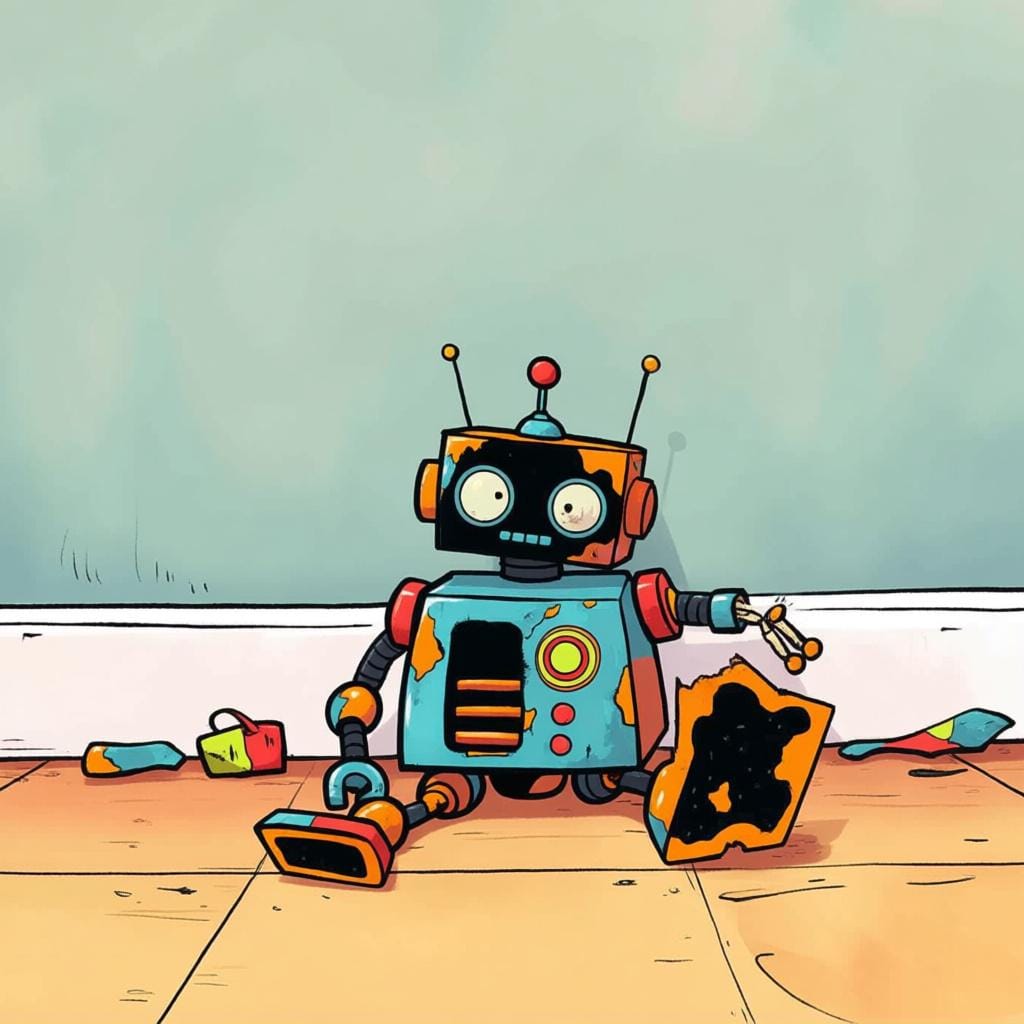 A poorly made, broken toy robot with an arm dangling off, illustrating low quality.