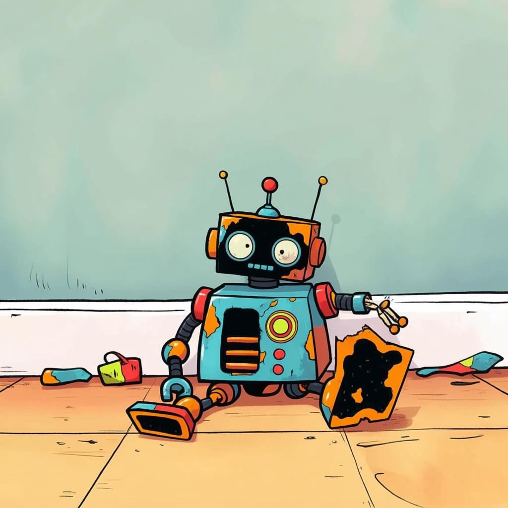 A poorly made, broken toy robot with an arm dangling off, illustrating low quality.