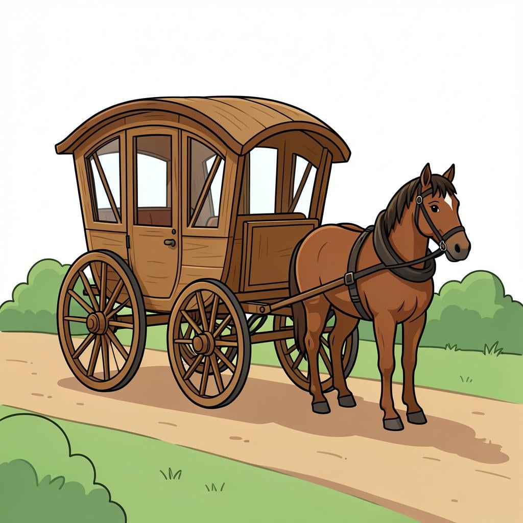 A classic wooden carriage with large wheels being pulled by a horse.