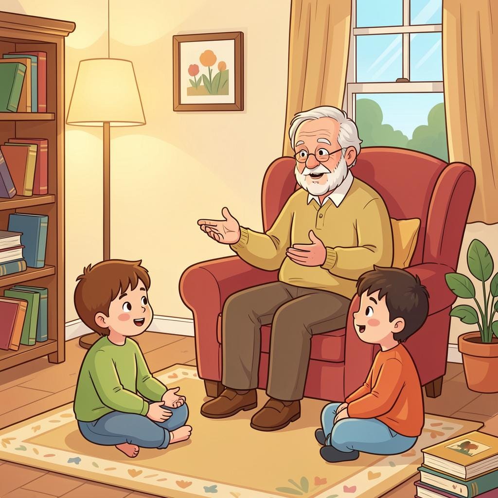 Um avô sentado em uma poltrona grande, gesticulando com as mãos enquanto conta uma história para duas crianças cativadas.
