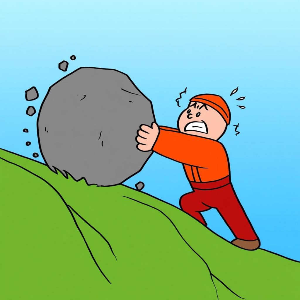 A determined person straining with effort to push a massive, round gray boulder up a small green slope, symbolizing a difficult struggle.