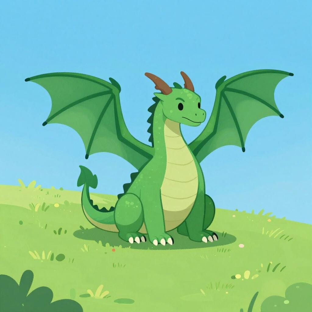 Um dragão majestoso verde com asas douradas sentado numa colina relvada.