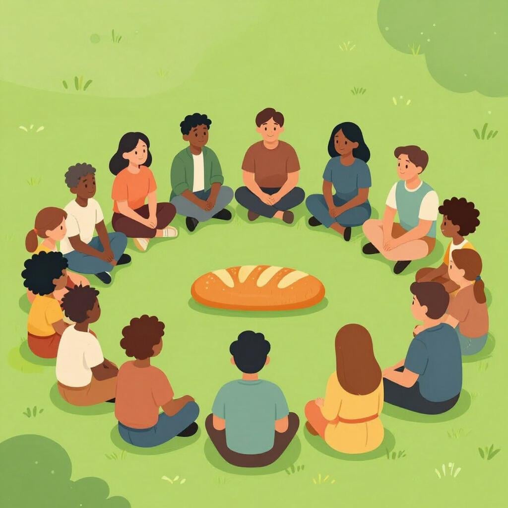 Um grupo diverso de pessoas sentadas em círculo na grama, compartilhando pão e conversando como iguais.
