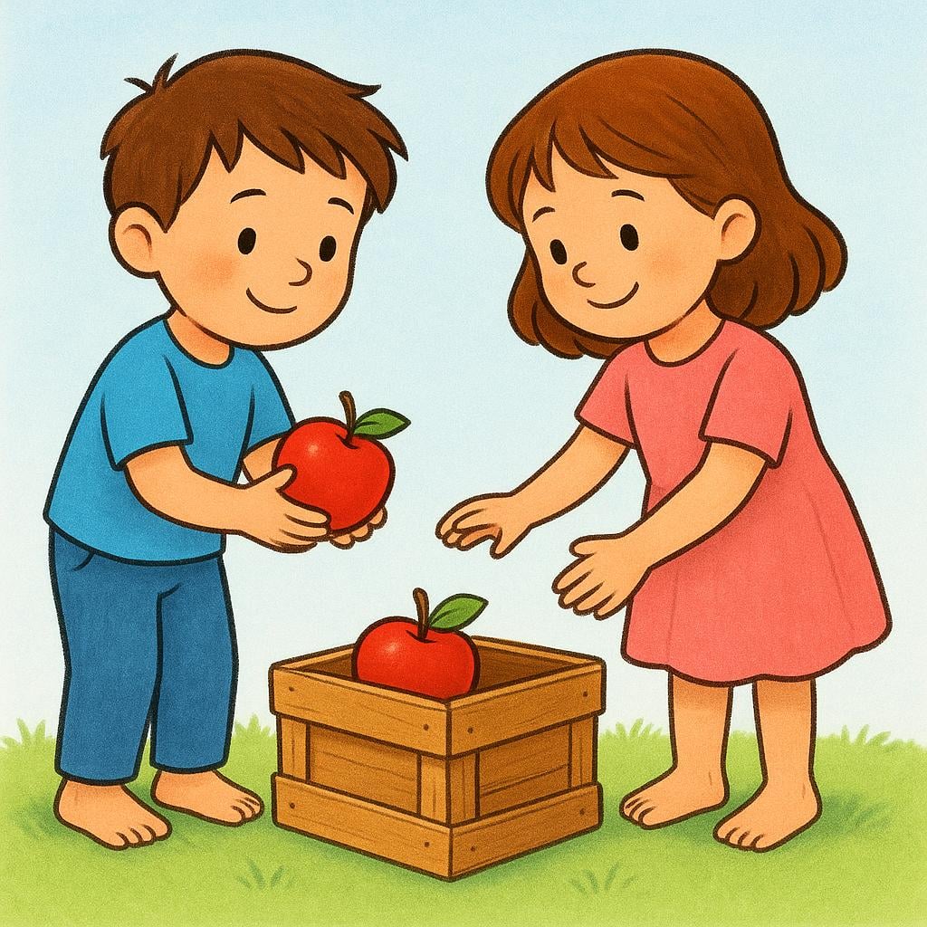 A storybook illustration showing two children cooperating to place a bright red apple into a small wooden box, illustrating the action of 'let's put.'