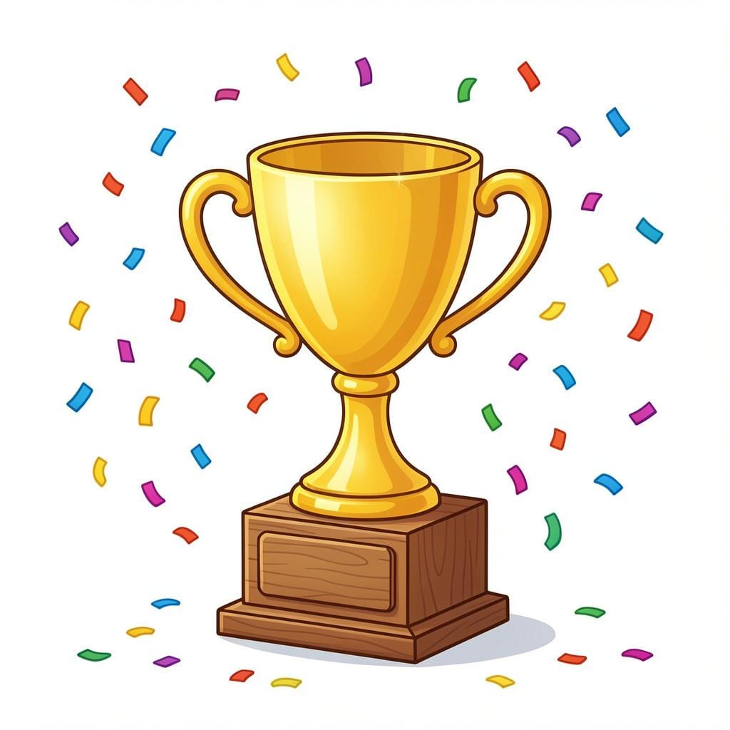A bright gold trophy sitting on a pedestal surrounded by colorful confetti.