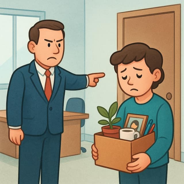 Un manager sévère se tient en face d'un employé triste qui tient une petite boîte en carton contenant ses effets personnels.