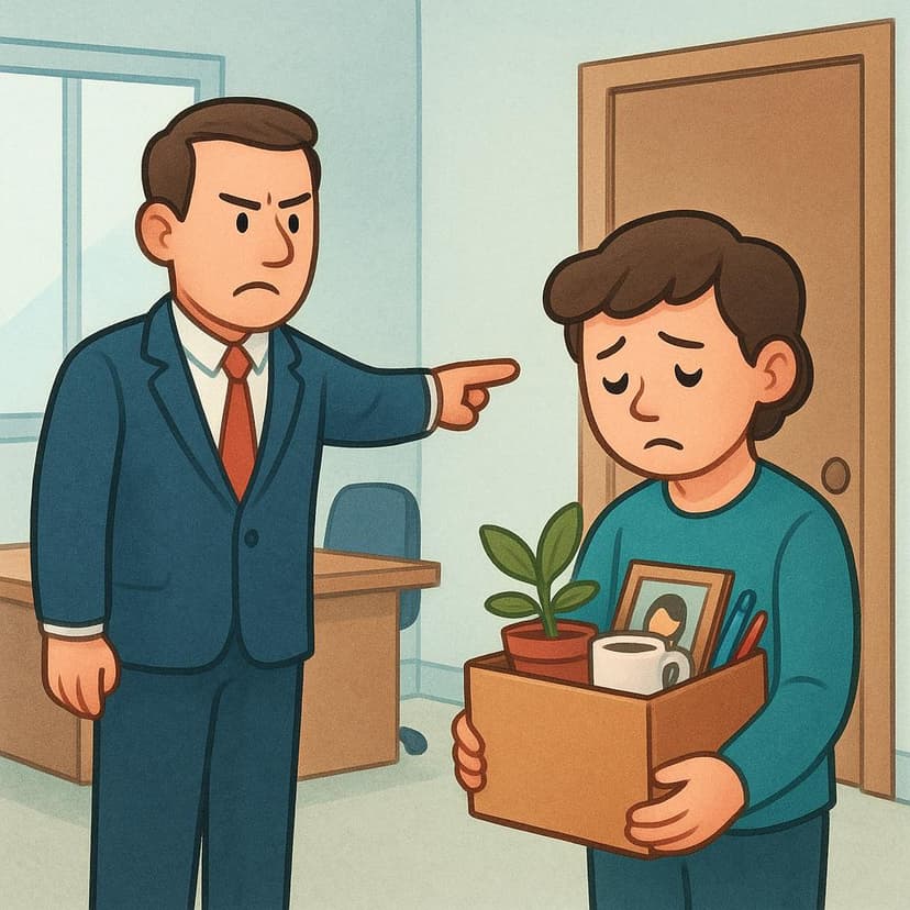 Ein strenger Manager steht einem traurigen Mitarbeiter gegenüber, der eine kleine Pappschachtel mit seinen persönlichen Gegenständen in der Hand hält.