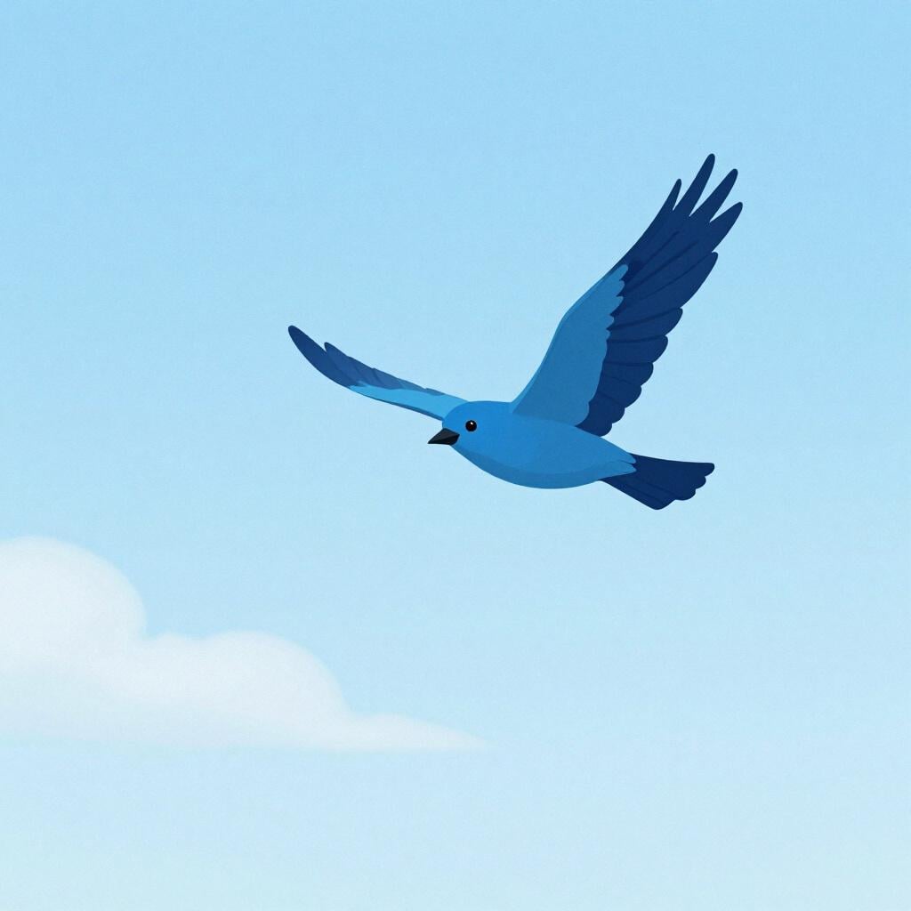 A colorful bird flying with spread wings across a clear blue sky with a few fluffy white clouds.