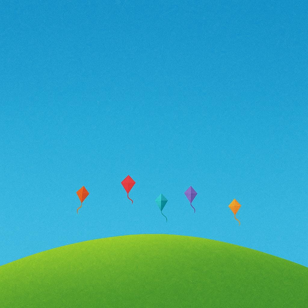 Une illustration de livre d'histoires présentant un ciel bleu vif au-dessus d'une colline verte. Cinq cerfs-volants colorés en forme de diamant volent très haut et loin près de la ligne d'horizon.