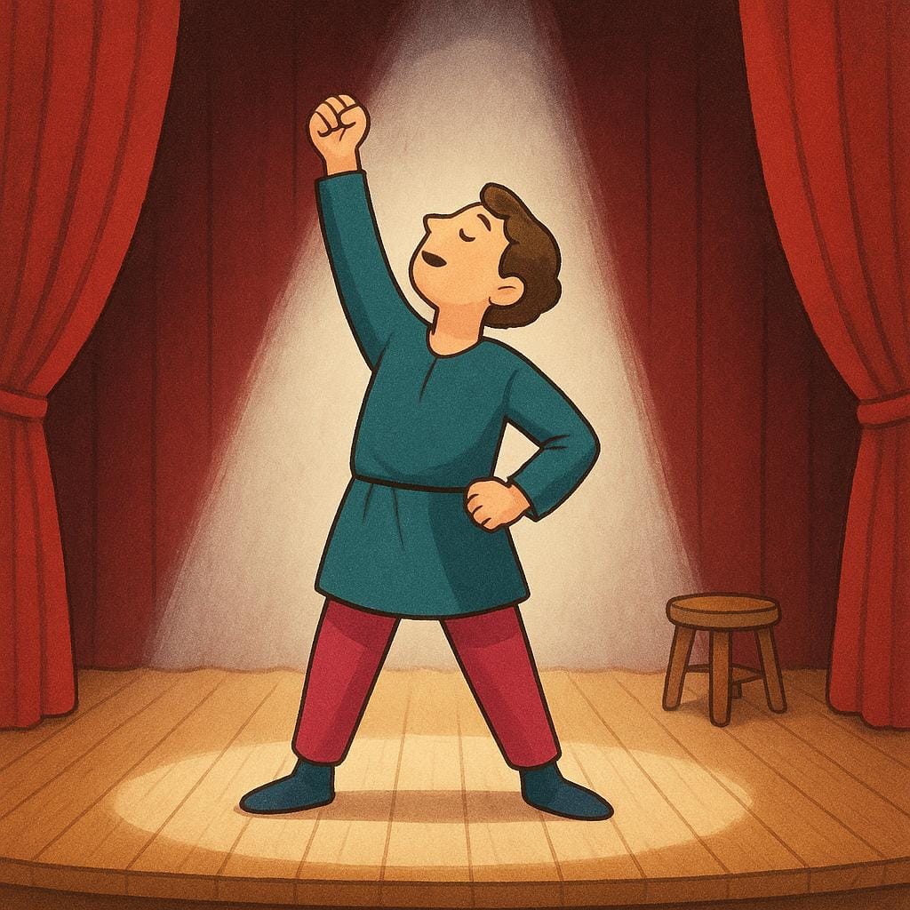 Un'illustrazione colorata che mostra un attore su un palco sotto un faro luminoso, che fa un inchino teatrale dopo una performance.