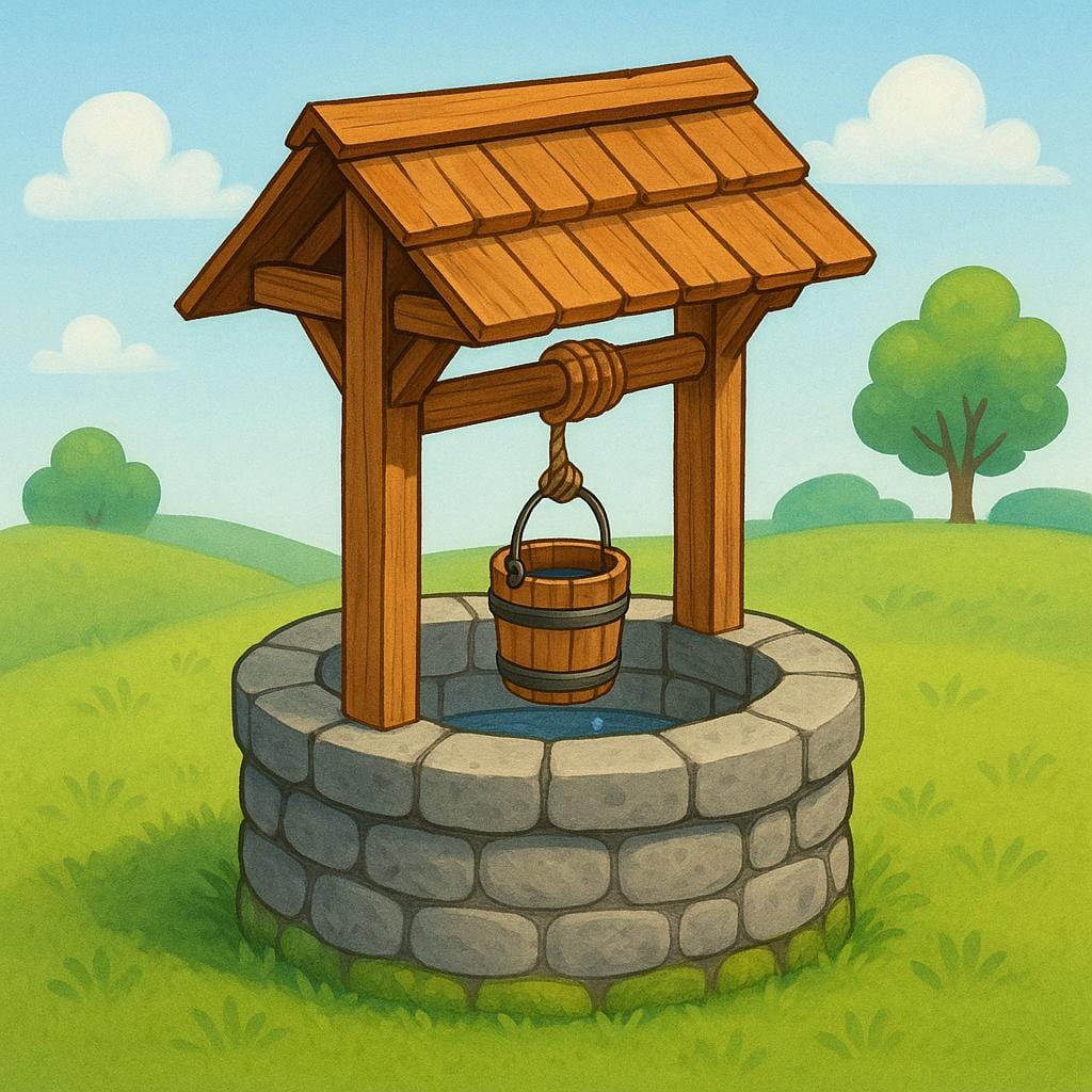 A deep stone well used for drawing water, featuring a small wooden roof and a pulley system over a grassy landscape.