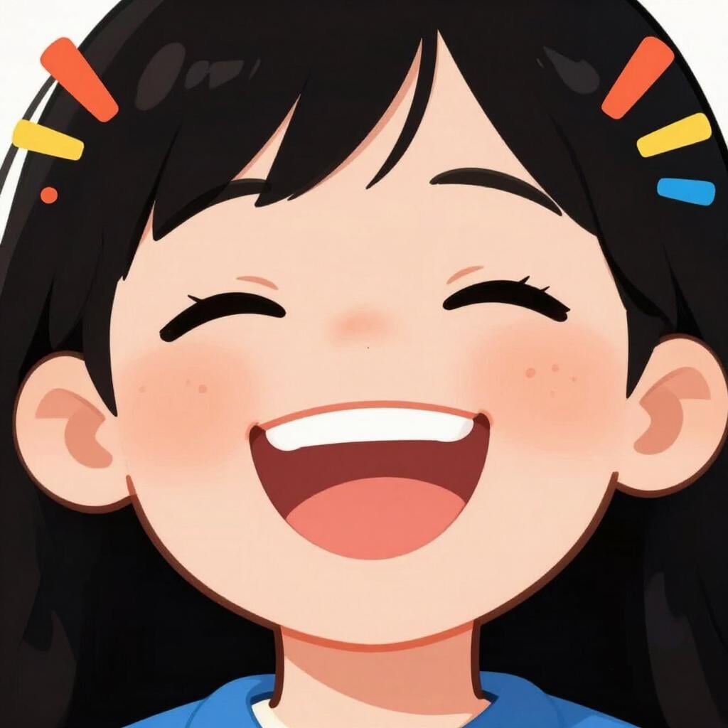 Un gros plan d'un visage montrant un plaisir intense, souriant largement avec de petites éclats de couleur vive autour de sa tête.