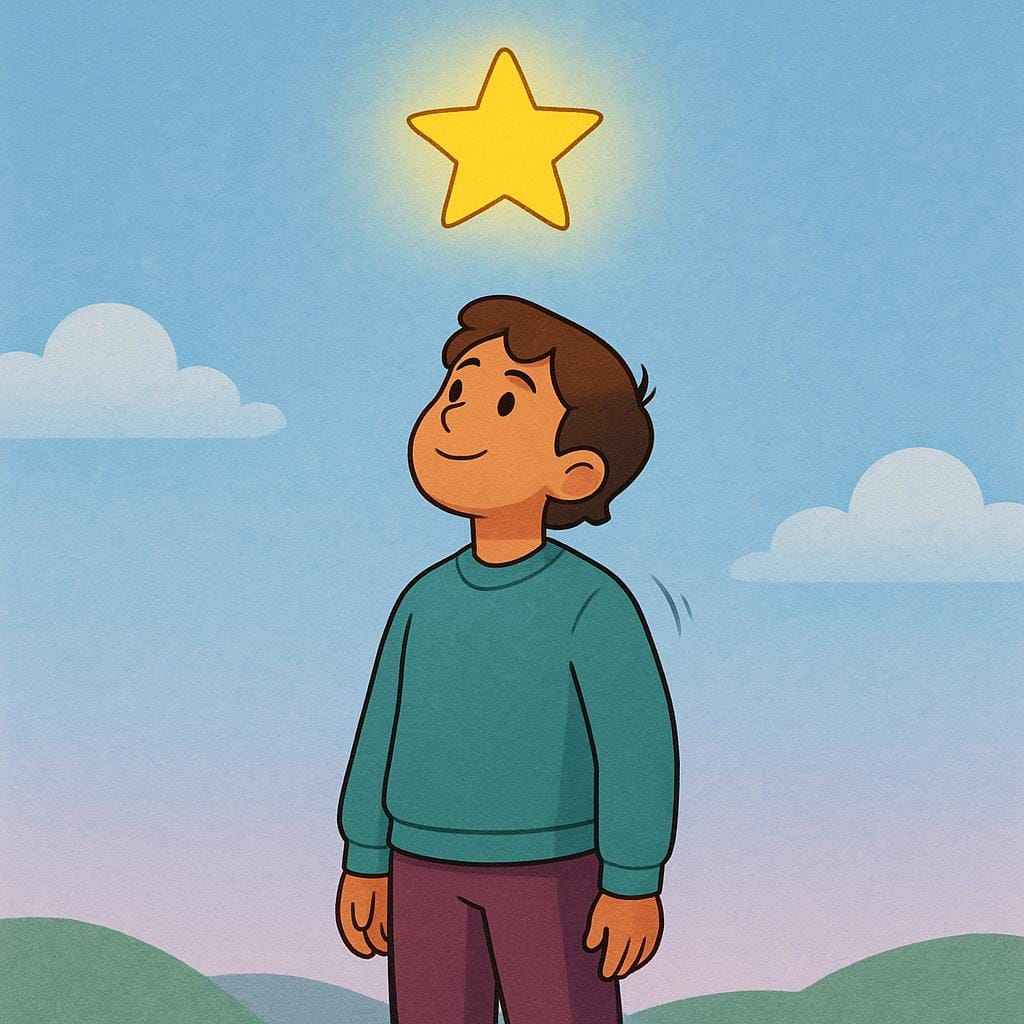 한 젊은이가 야외에 서서 자신감 있고 확신에 찬 표정으로 머리 위 밝고 노란 별 하나를 올려다보고 있는 단순한 동화 삽화.