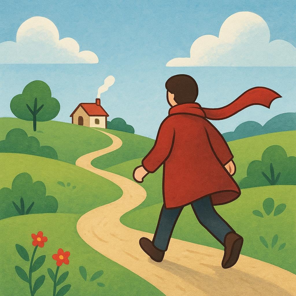 A solitary figure seen from behind, walking down a path away from a small, distant cottage, emphasizing departure or abandonment.