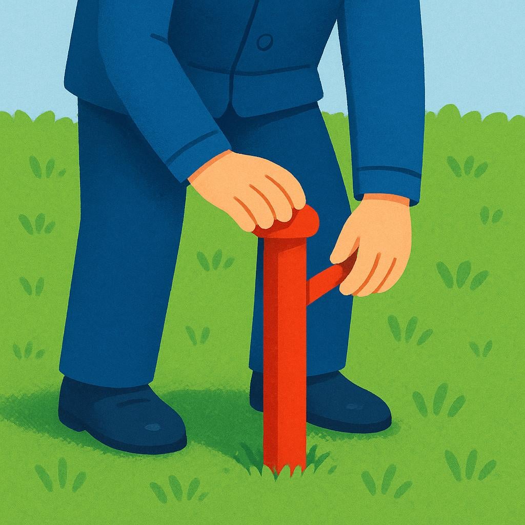 A stylized figure wearing a blue uniform is seen placing a small red barrier post firmly onto a grassy patch, symbolizing official action.